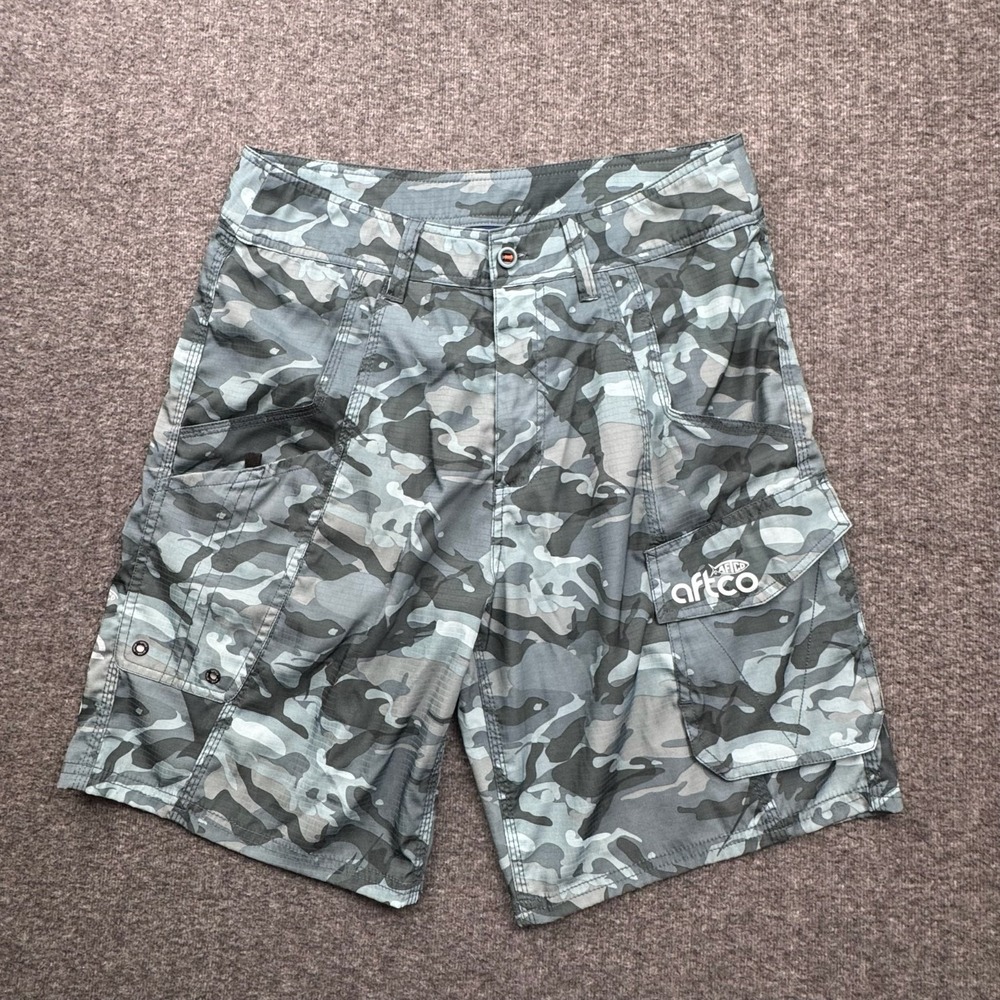AFTCO Fishing Shorts Mens 30 Blue‎ Camo 9.5" Inseam Cargo Hybrid
